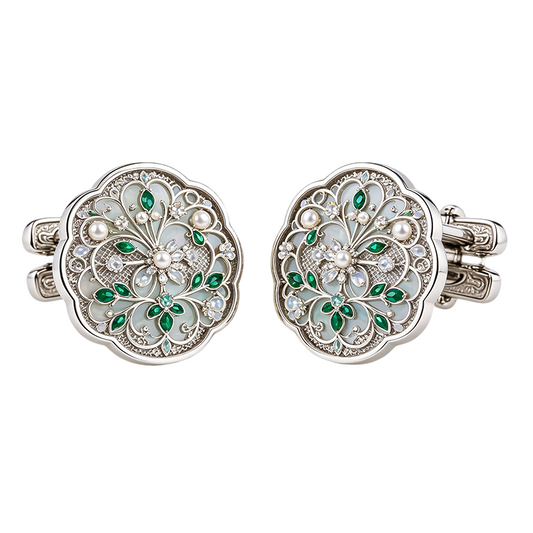 Art Deco Emerald Floral Silver Cufflinks