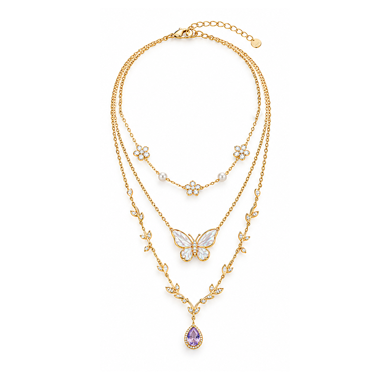 Butterfly Pearl Floral Gold Layered Necklace