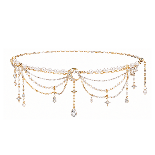 Gold Pearl Crescent Moon Celestial Layered Waist Chain